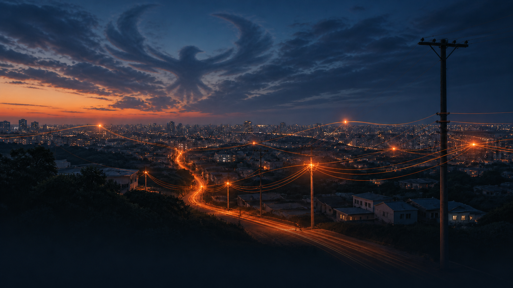 Rede de fibra conectando uma cidade ao entardecer